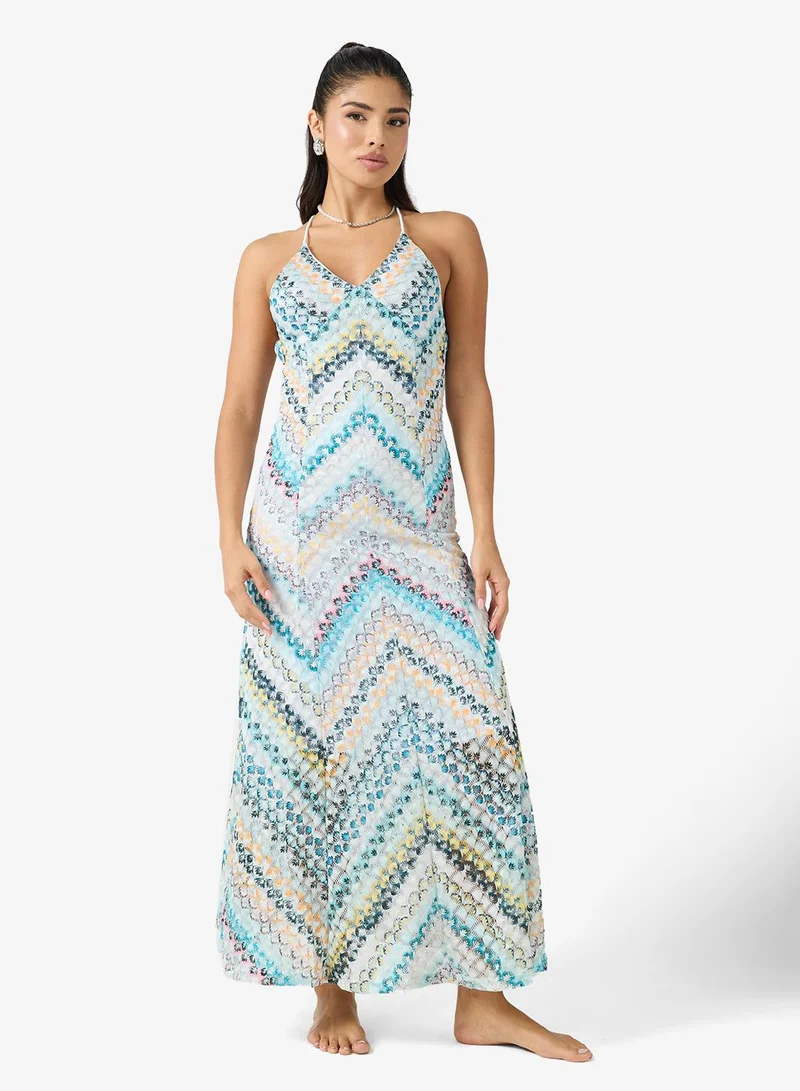 جينجر فستان شاطئ كروشيه بياقة هالتر بنقش شيفرون